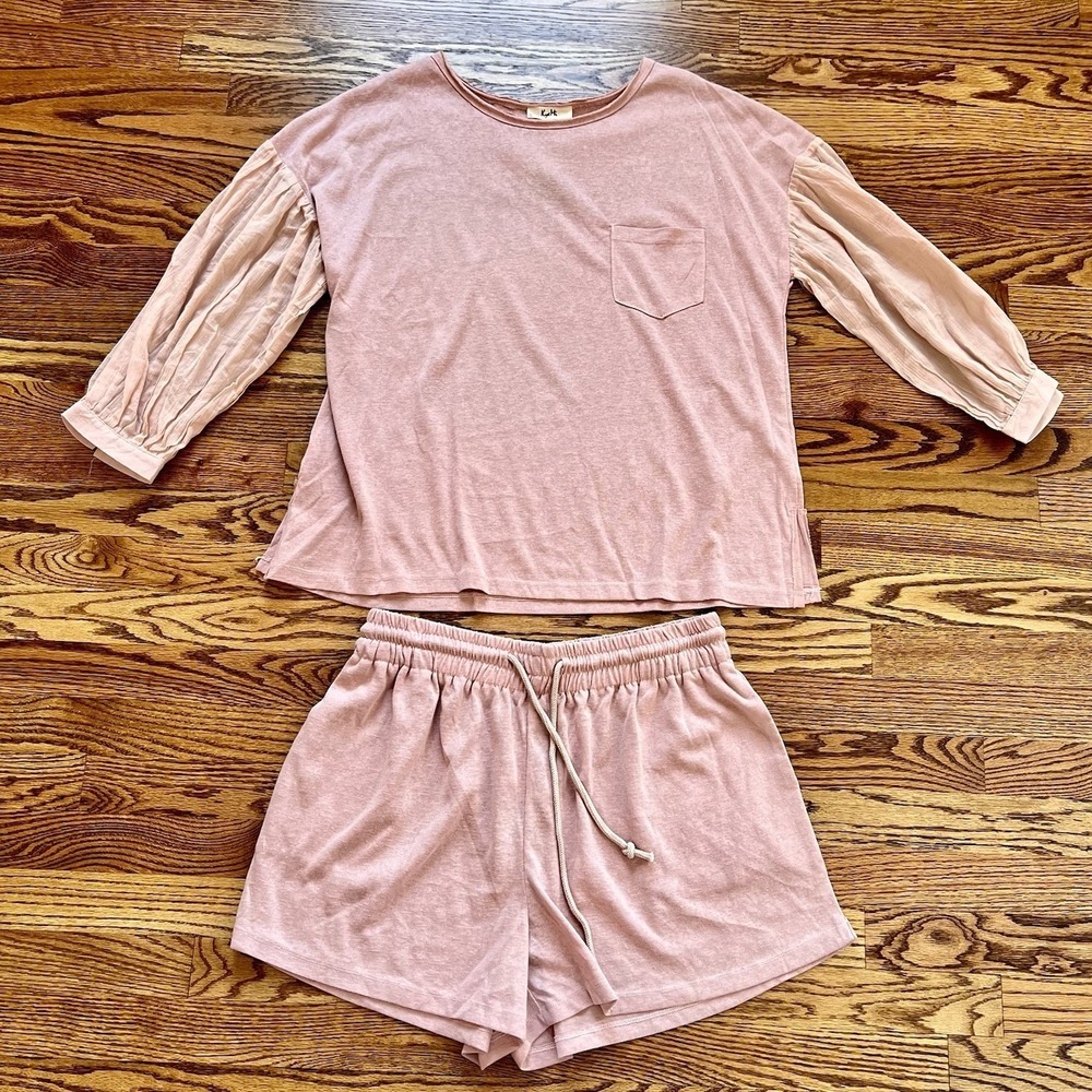 Kye Mi Pink Comfy Lounge Set Drawstring Shorts pocket tee. Size Lg, NWT